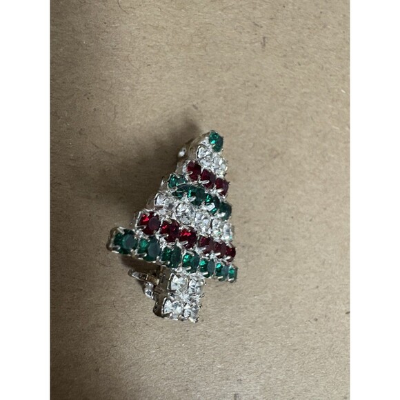 Vintage Rhinestone Red Green Christmas Tree Silver Tone Holidays Petite - Picture 2 of 5